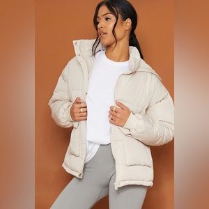 Stone Soft Touch Nylon Hooded Pocket Front Drop Shoulder Puffer